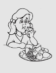 Розмальовки діти, Розмальовки Дівчинка їсть фрукти діти.